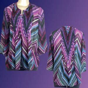 Roaman's 12W Purple Geometric Semi-Sheer Split Neck Pin-Tuck 3/4 Sleeve Blouse